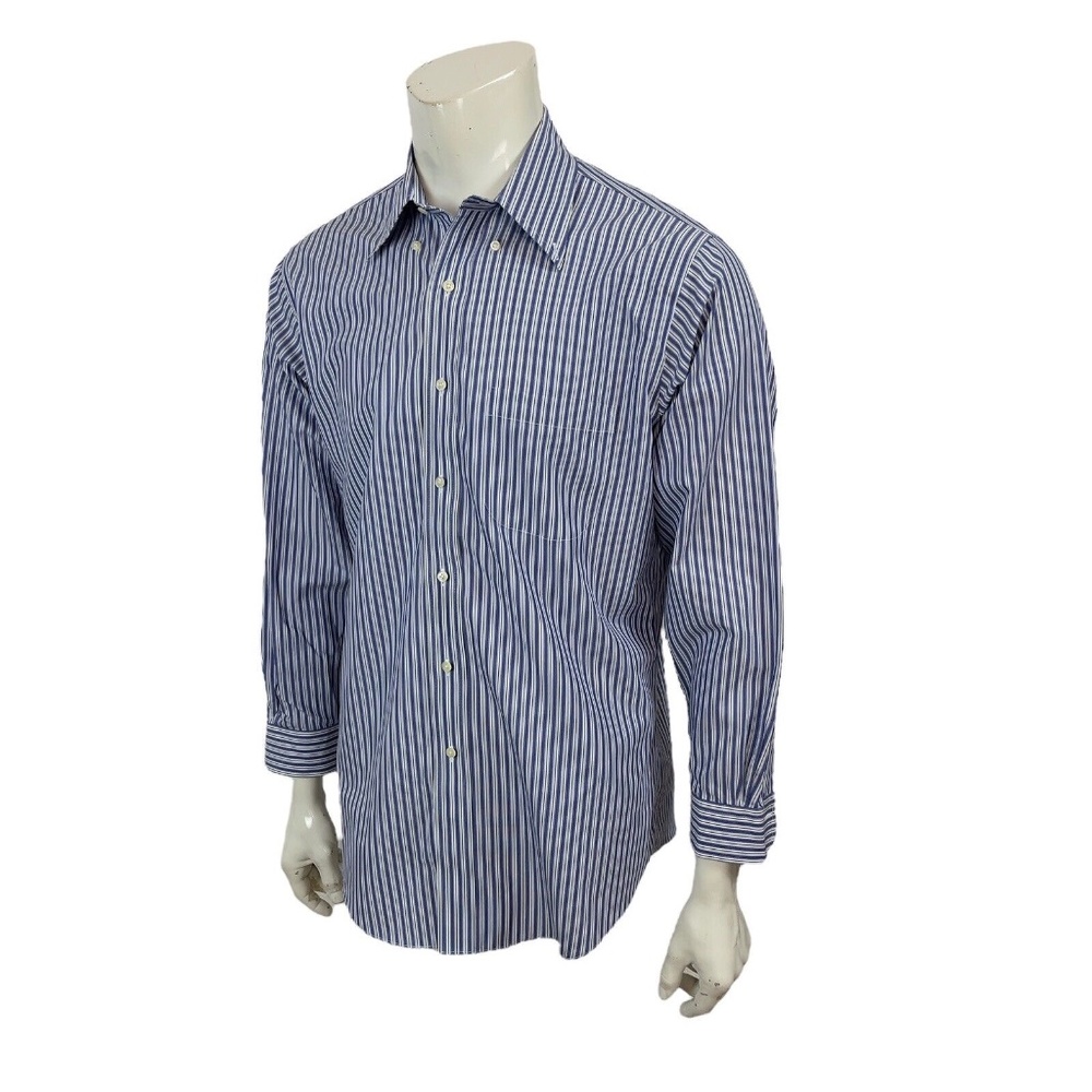 Brooks Brother Men 16-33 Classic Non-Iron Blue Stripe Supima Cotton Dress Shirt